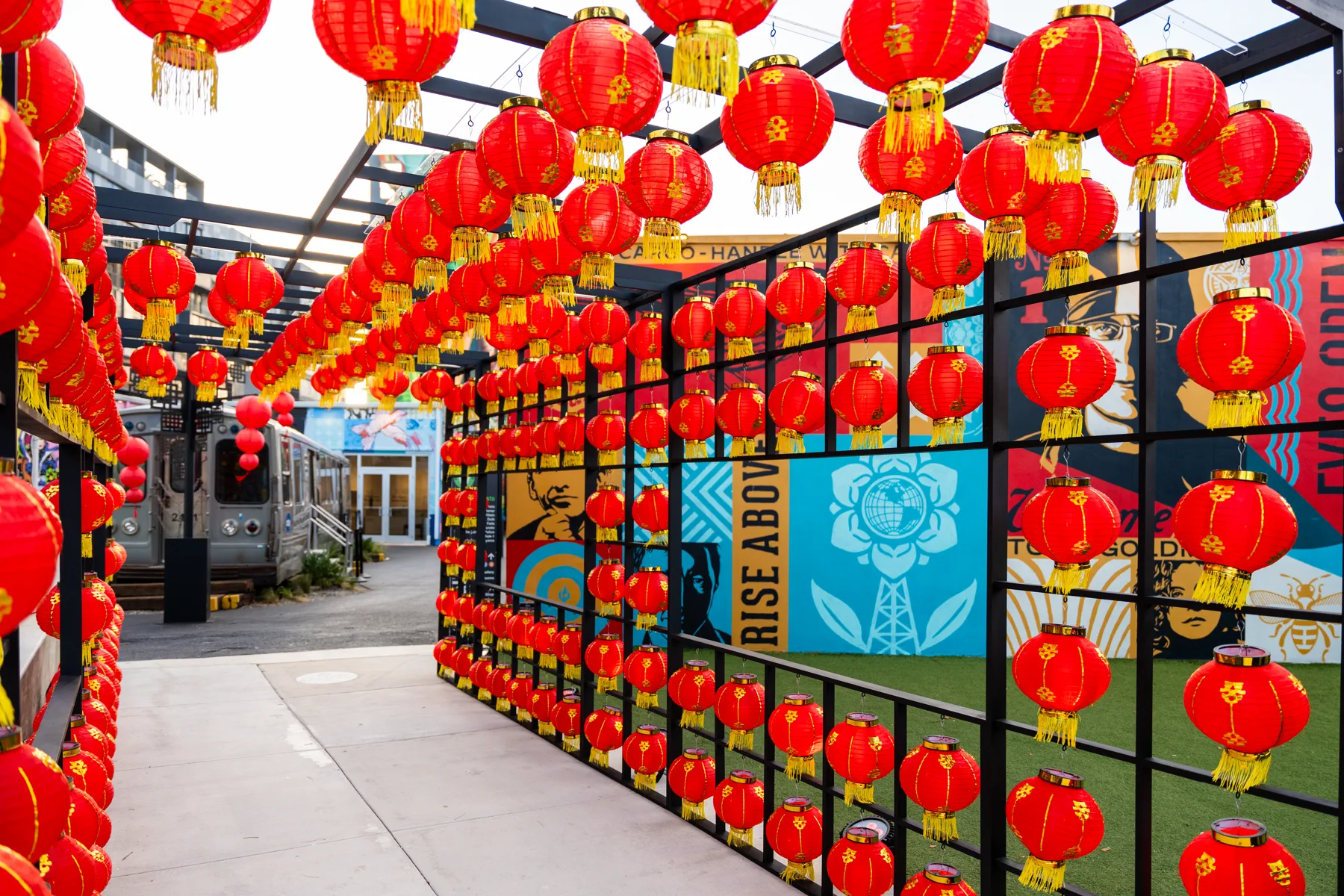 Red lantern installation among the murals for Citadel Lunar New Year at Wynwood Walls